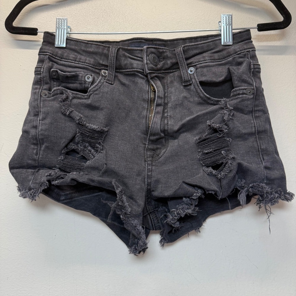 Aeropostale High Rise Shorty Shorts Womens 4‎ Black Excellent Distressed Denim